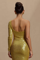 Load image into Gallery viewer, Sparkly Golden Mermaid Sequins Long Holiday Party Dress with Sleeves