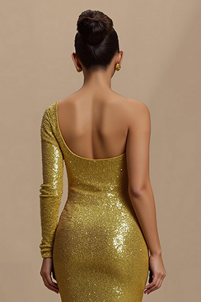 Load image into Gallery viewer, Sparkly Golden Mermaid Sequins Long Holiday Party Dress with Sleeves