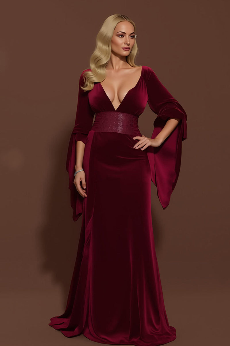 Load image into Gallery viewer, Burgundy Velvet Mermaid V-Neck Long Holiday Party Dress with Sleeves
