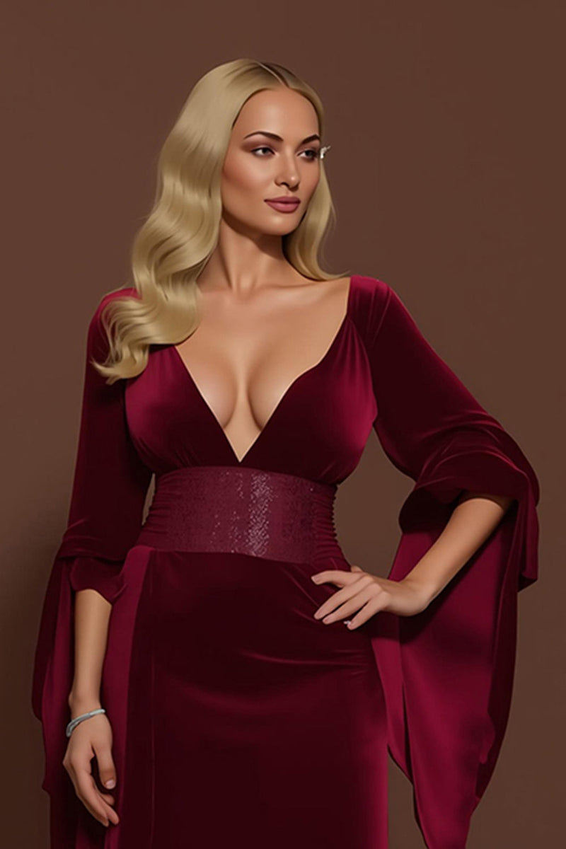 Load image into Gallery viewer, Burgundy Velvet Mermaid V-Neck Long Holiday Party Dress with Sleeves