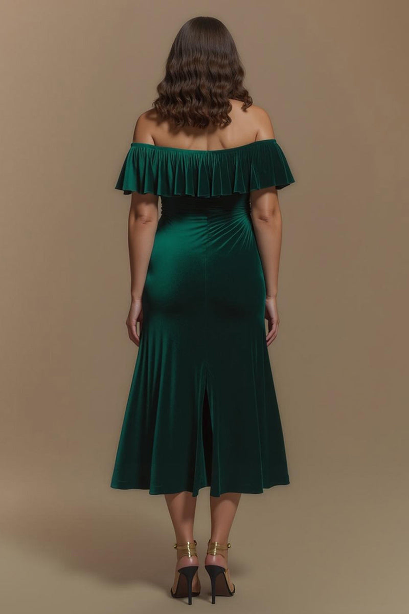Load image into Gallery viewer, Dark Green Sheath Velvet Off the Shoulder Long Holiday Party Dress with Slit