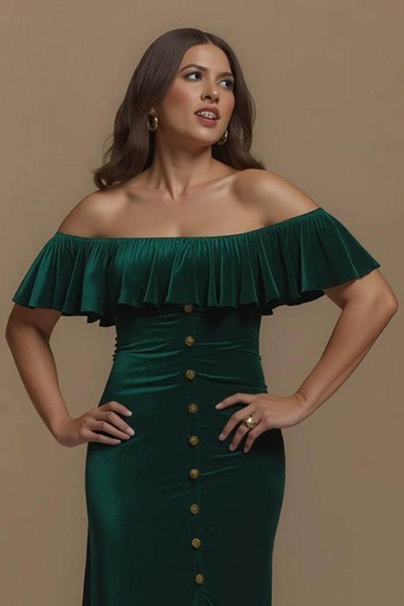 Load image into Gallery viewer, Dark Green Sheath Velvet Off the Shoulder Long Holiday Party Dress with Slit