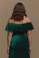 Load image into Gallery viewer, Dark Green Sheath Velvet Off the Shoulder Long Holiday Party Dress with Slit