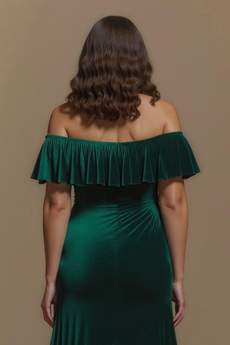 Load image into Gallery viewer, Dark Green Sheath Velvet Off the Shoulder Long Holiday Party Dress with Slit