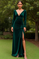 Load image into Gallery viewer, Dark Green Sheath Velvet Ruffled Long Holiday Party Dress with Slit