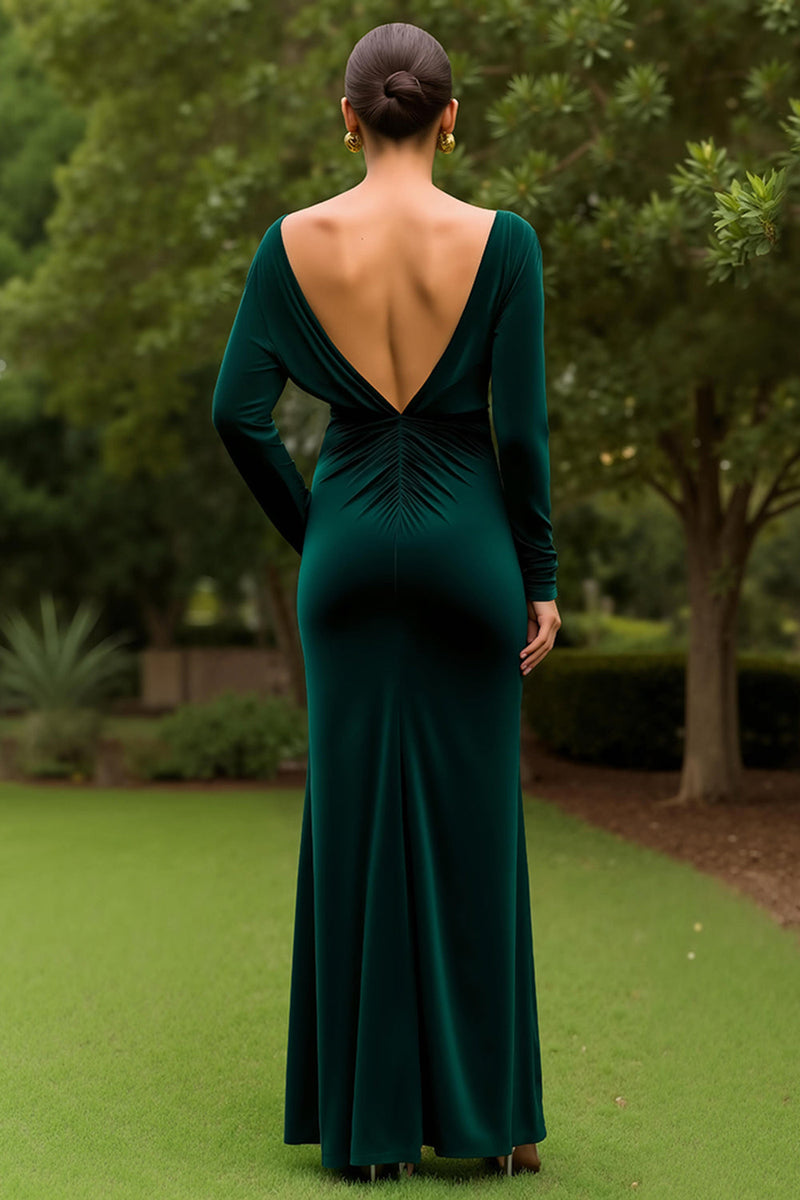 Load image into Gallery viewer, Dark Green Sheath Velvet Ruffled Long Holiday Party Dress with Slit