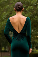 Load image into Gallery viewer, Dark Green Sheath Velvet Ruffled Long Holiday Party Dress with Slit