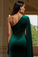 Load image into Gallery viewer, Dark Green Velvet Sheath One Shoulder Long Holiday Party Dress with Slit