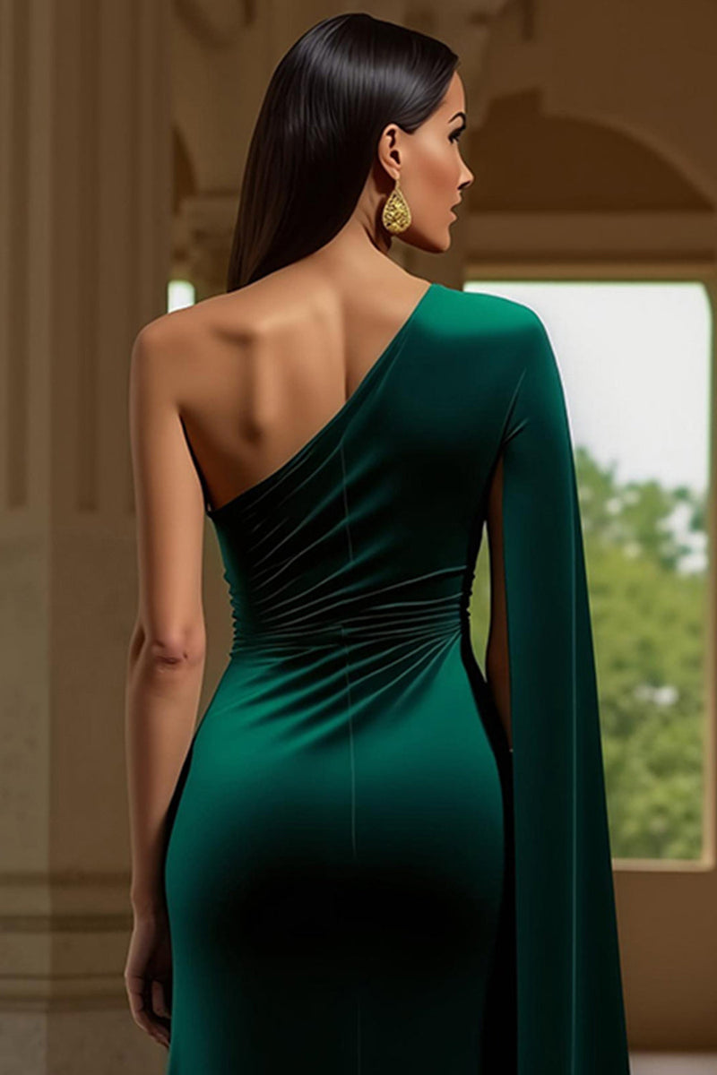 Load image into Gallery viewer, Dark Green Velvet Sheath One Shoulder Long Holiday Party Dress with Slit
