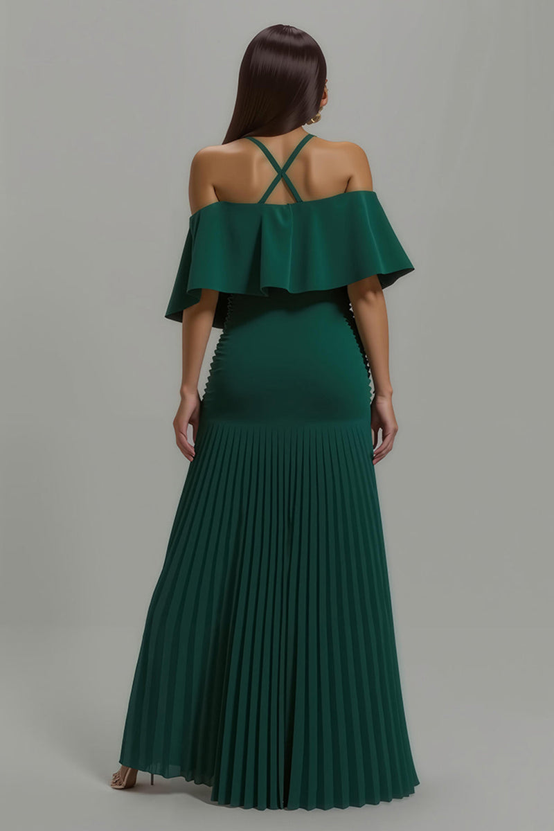 Load image into Gallery viewer, Dark Green Sheath Chiffon Pleated Long Holiday Party Dress with Ruffles
