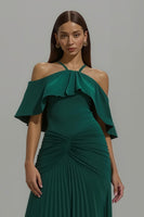 Load image into Gallery viewer, Dark Green Sheath Chiffon Pleated Long Holiday Party Dress with Ruffles
