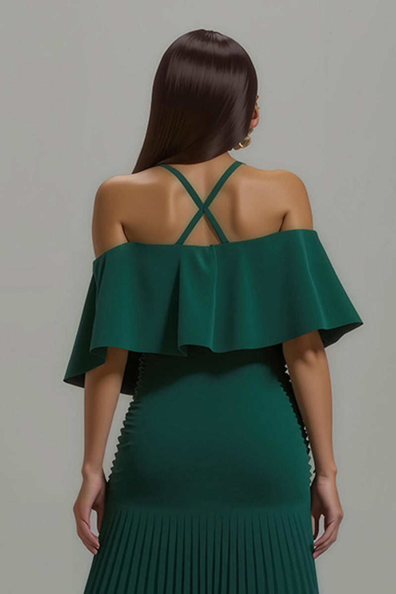 Load image into Gallery viewer, Dark Green Sheath Chiffon Pleated Long Holiday Party Dress with Ruffles
