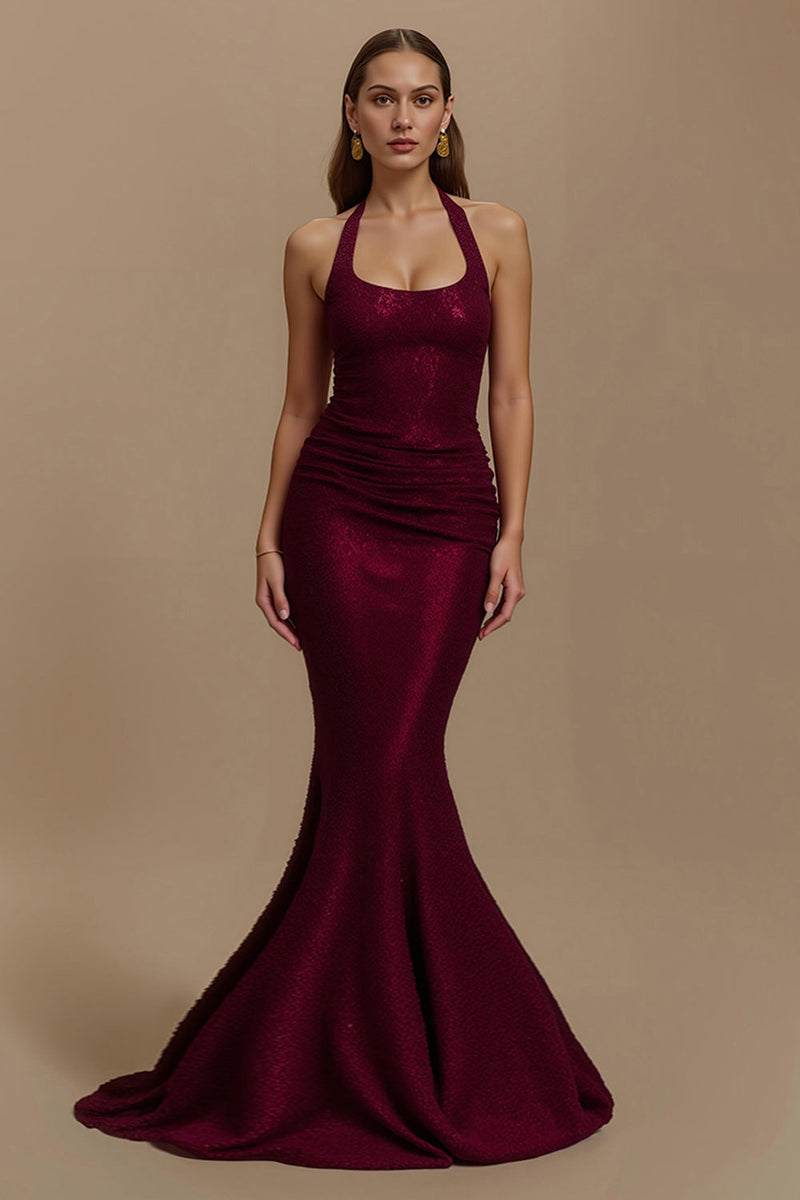 Load image into Gallery viewer, Sparkly Burgundy Mermaid Halter Sequins Long Holiday Party Dress