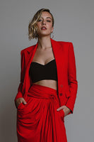 Load image into Gallery viewer, Red 2 Piece Ruched Long Sleeves Women Prom Suits with Sash