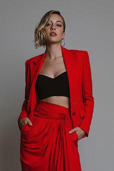 Red 2 Piece Ruched Long Sleeves Women Prom Suits with Sash