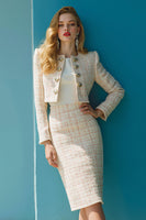 Load image into Gallery viewer, Ivory 2 Piece Tweed Pencil Midi Pageant Interview Outfits with Sleeves