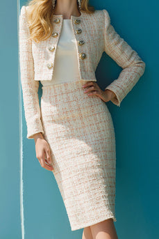 Ivory 2 Piece Tweed Pencil Midi Pageant Interview Outfits with Sleeves