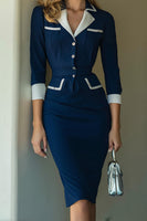 Load image into Gallery viewer, Navy Pencil Satin Notched Lapel Midi Work Blazer Dress with Sleeves