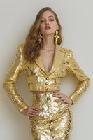 Load image into Gallery viewer, Sparkly Gold 2 Piece Pencil Sequins Midi Women Prom Party Suits with Sleeves