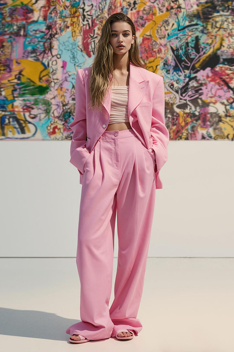 Load image into Gallery viewer, Pink Peak Lapel Satin 2 Piece Women Prom Suits with Pockets