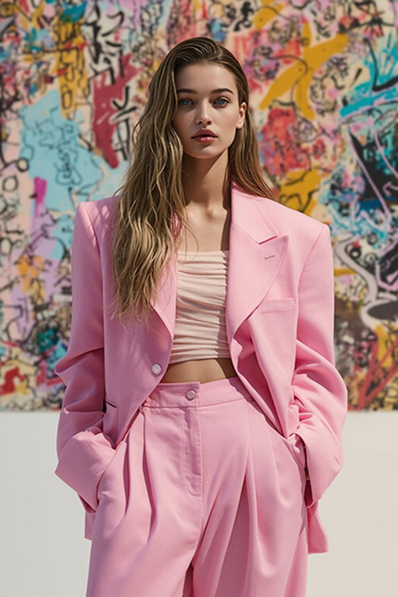 Load image into Gallery viewer, Pink Peak Lapel Satin 2 Piece Women Prom Suits with Pockets