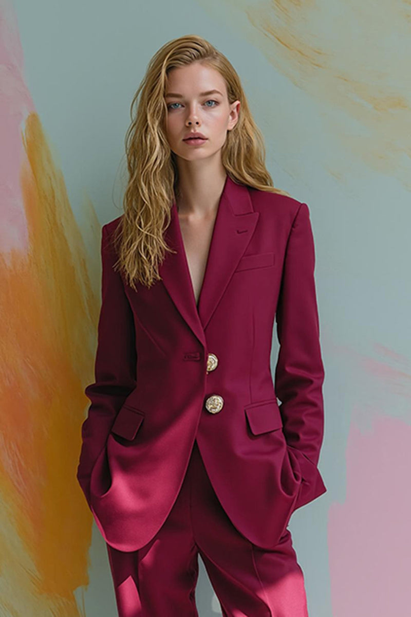 Load image into Gallery viewer, Burgundy Satin Peak Lapel 2 Piece Prom Suits with Pockets