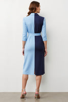 Load image into Gallery viewer, Navy Blue Pencil Peak Lapel Patchwork Midi Blazer Dress with Bow