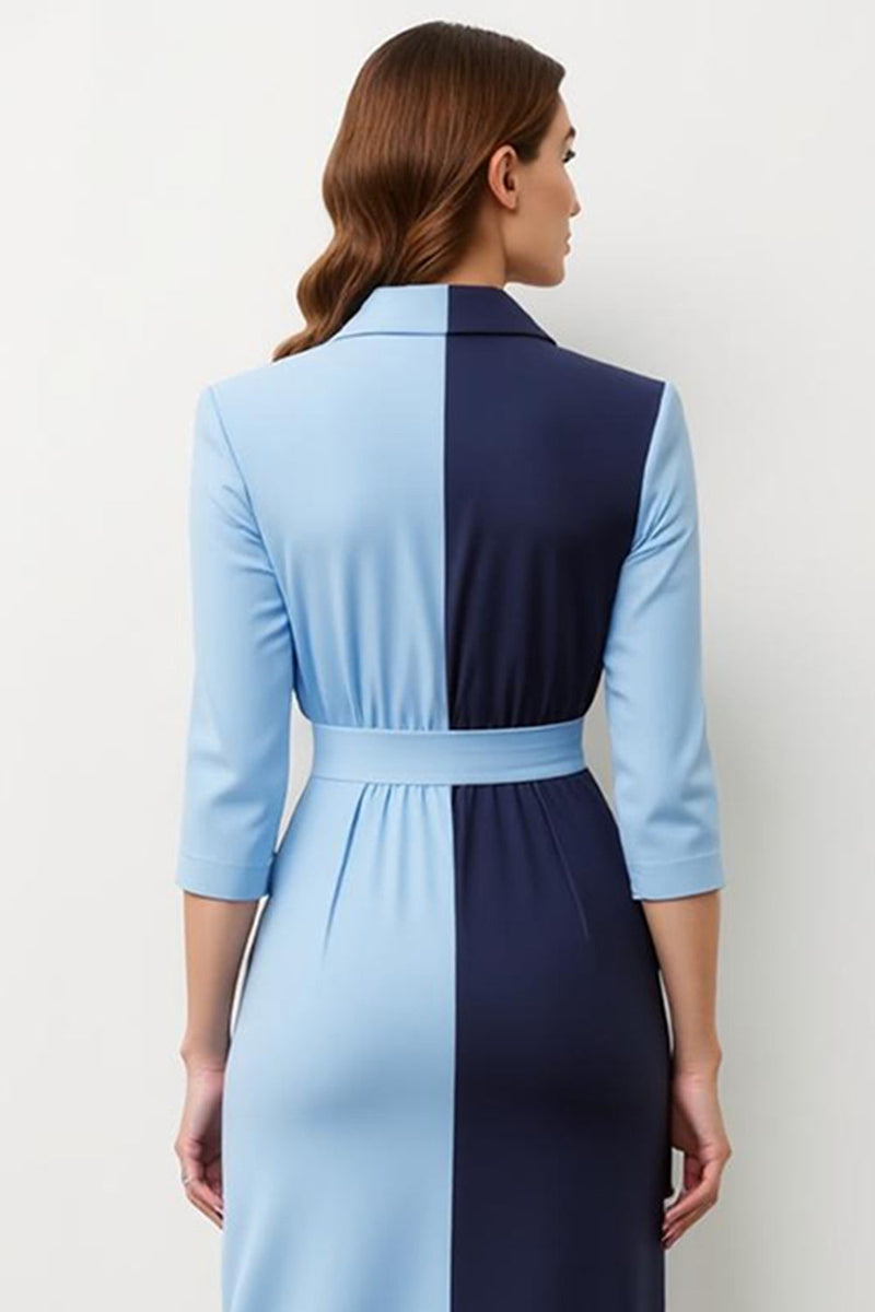 Load image into Gallery viewer, Navy Blue Pencil Peak Lapel Patchwork Midi Blazer Dress with Bow