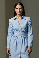 Load image into Gallery viewer, Blue Pencil Collar Neck Single Breasted Midi Shirt Dress