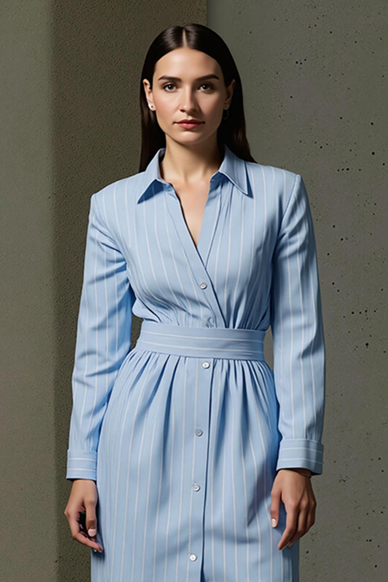 Load image into Gallery viewer, Blue Pencil Collar Neck Single Breasted Midi Shirt Dress