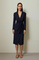Load image into Gallery viewer, Navy Pencil Notched Lapel Ruched Midi Blazer Dress