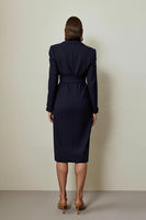 Load image into Gallery viewer, Navy Pencil Notched Lapel Ruched Midi Blazer Dress