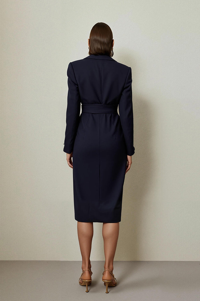 Load image into Gallery viewer, Navy Pencil Notched Lapel Ruched Midi Blazer Dress