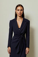 Load image into Gallery viewer, Navy Pencil Notched Lapel Ruched Midi Blazer Dress