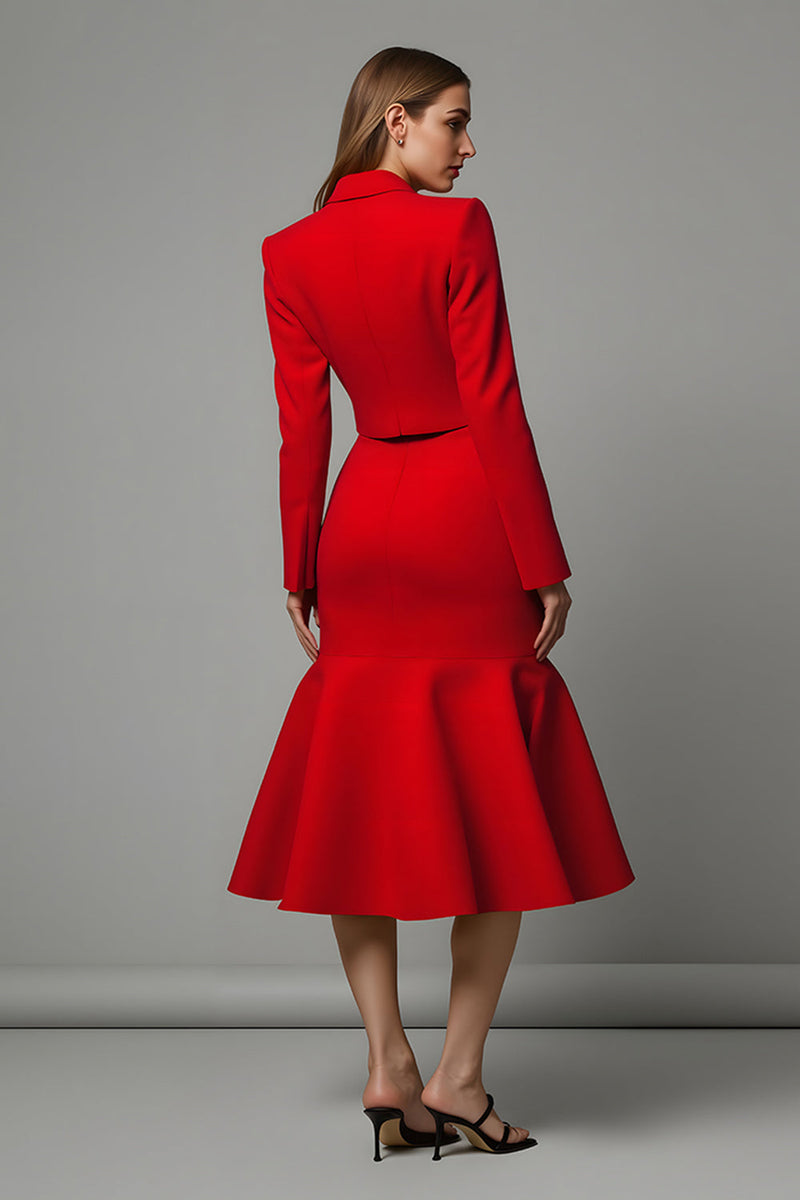 Load image into Gallery viewer, 2 Piece Red Satin Mermaid Satin Midi Prom Suits