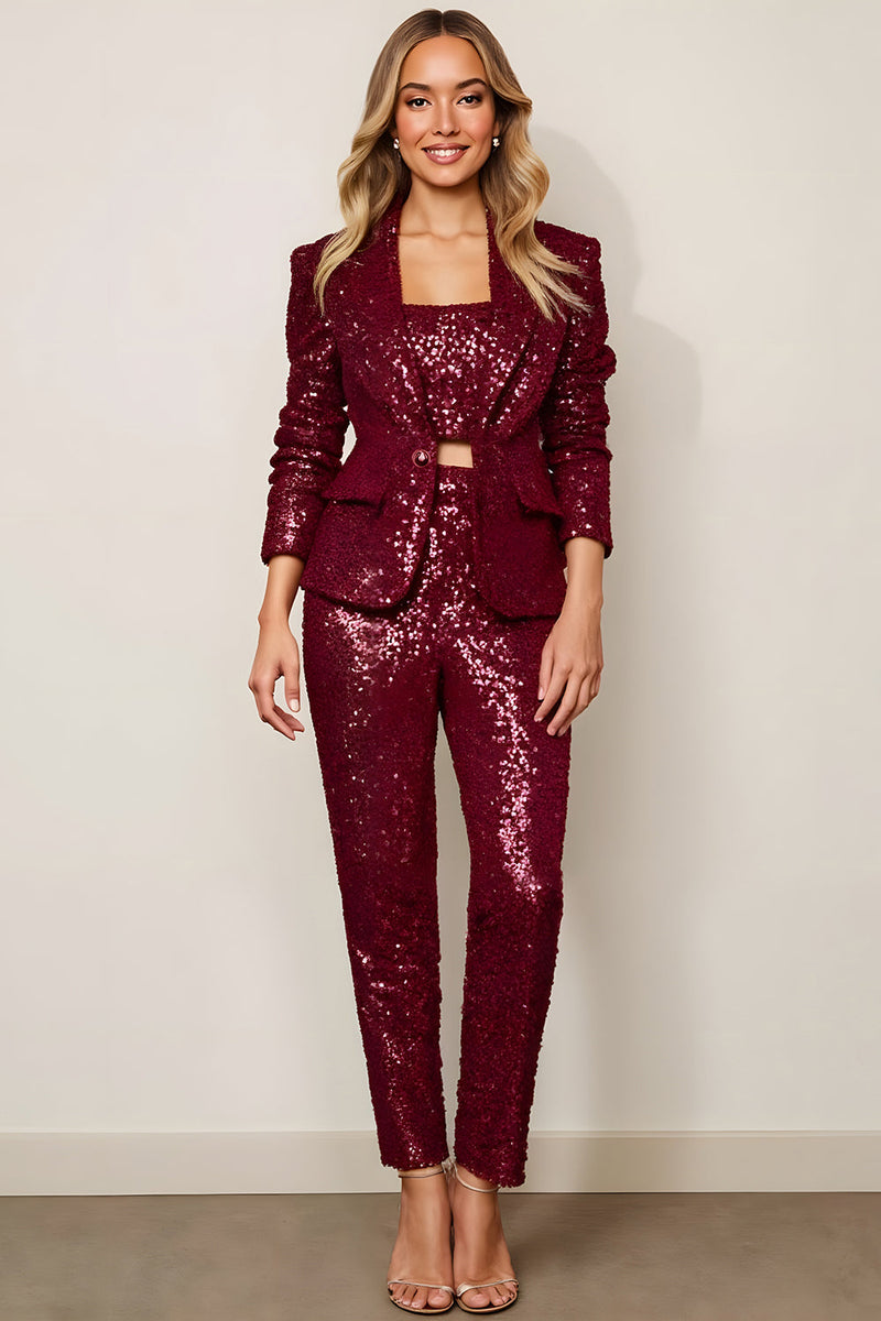 Load image into Gallery viewer, Sparkly 2 Piece Burgundy Sequins One Button Women Prom Suits