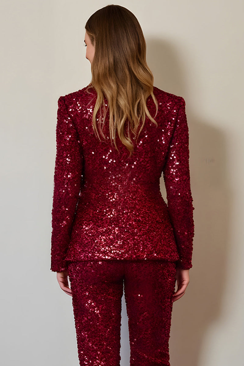 Load image into Gallery viewer, Sparkly 2 Piece Burgundy Sequins One Button Women Prom Suits