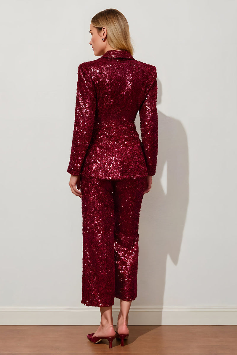 Load image into Gallery viewer, Sparkly  2 Piece Burgundy Sequins Peak Lapel Women Prom Suits