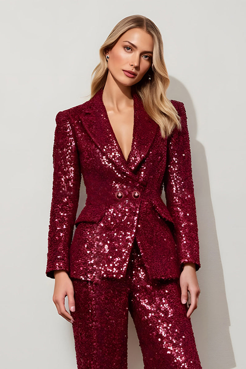Load image into Gallery viewer, Sparkly  2 Piece Burgundy Sequins Peak Lapel Women Prom Suits