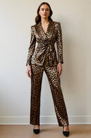 Load image into Gallery viewer, 2 Piece Gold Black Satin Leopard Women Prom Suits with Sash