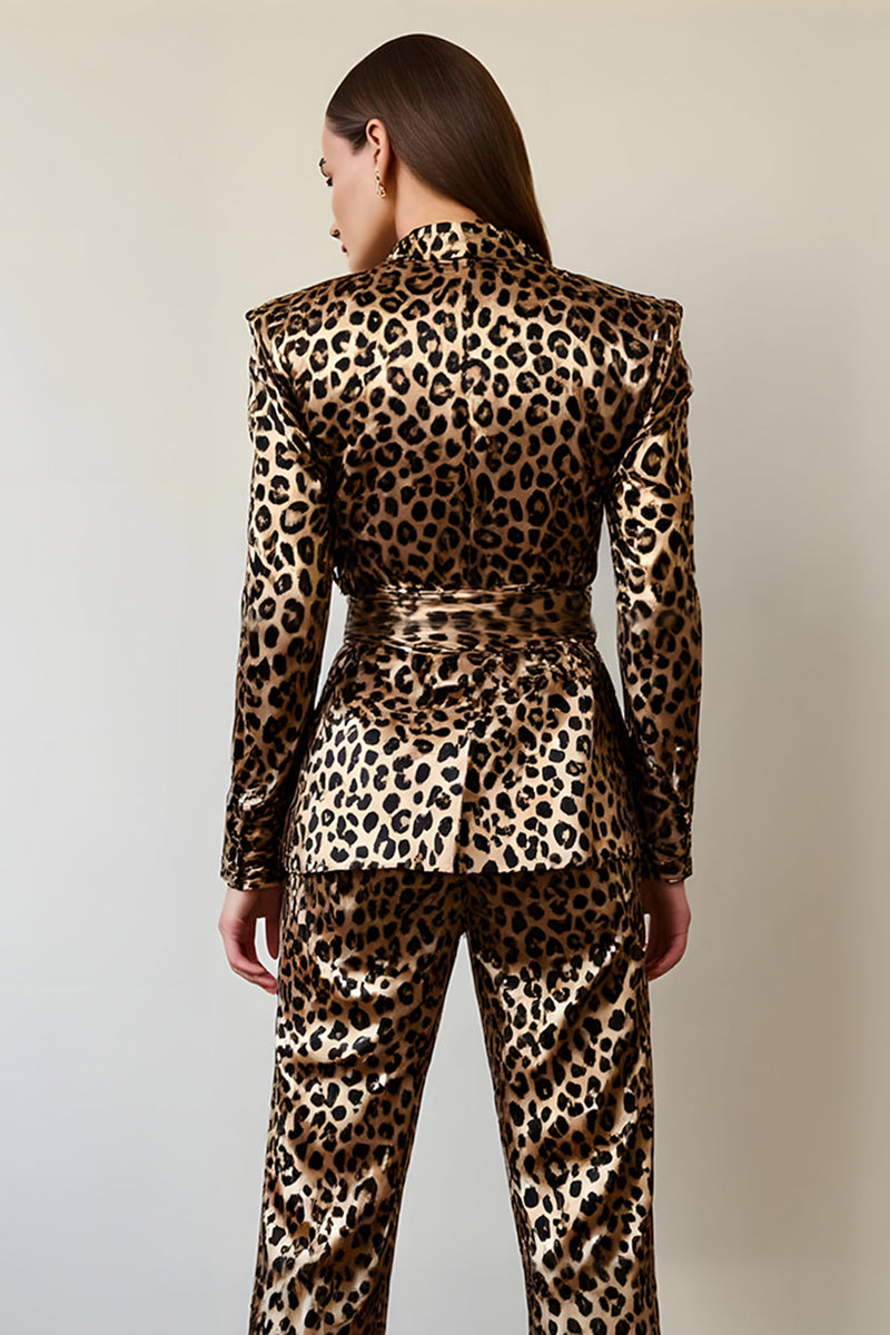 Load image into Gallery viewer, 2 Piece Gold Black Satin Leopard Women Prom Suits with Sash