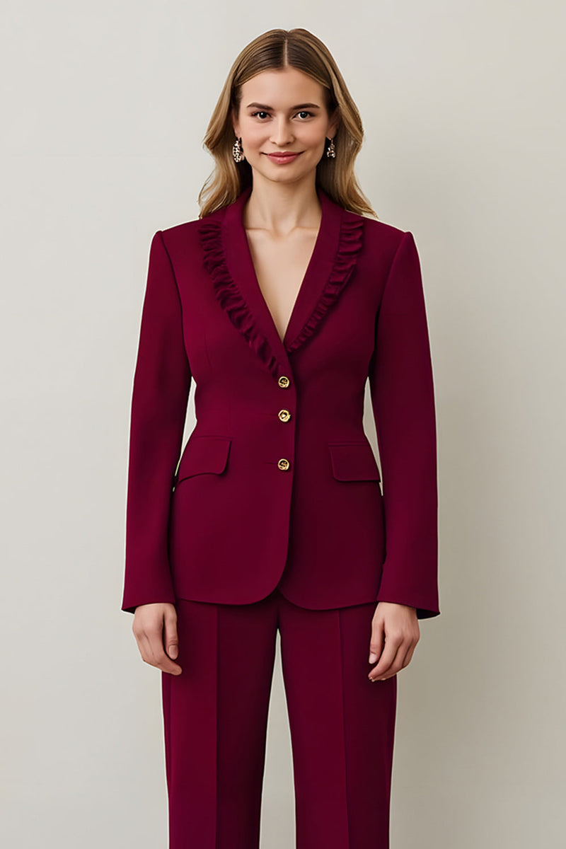 Load image into Gallery viewer, Burgundy Satin Shawl Lapel 2 Piece Women Prom Suits with Ruffles