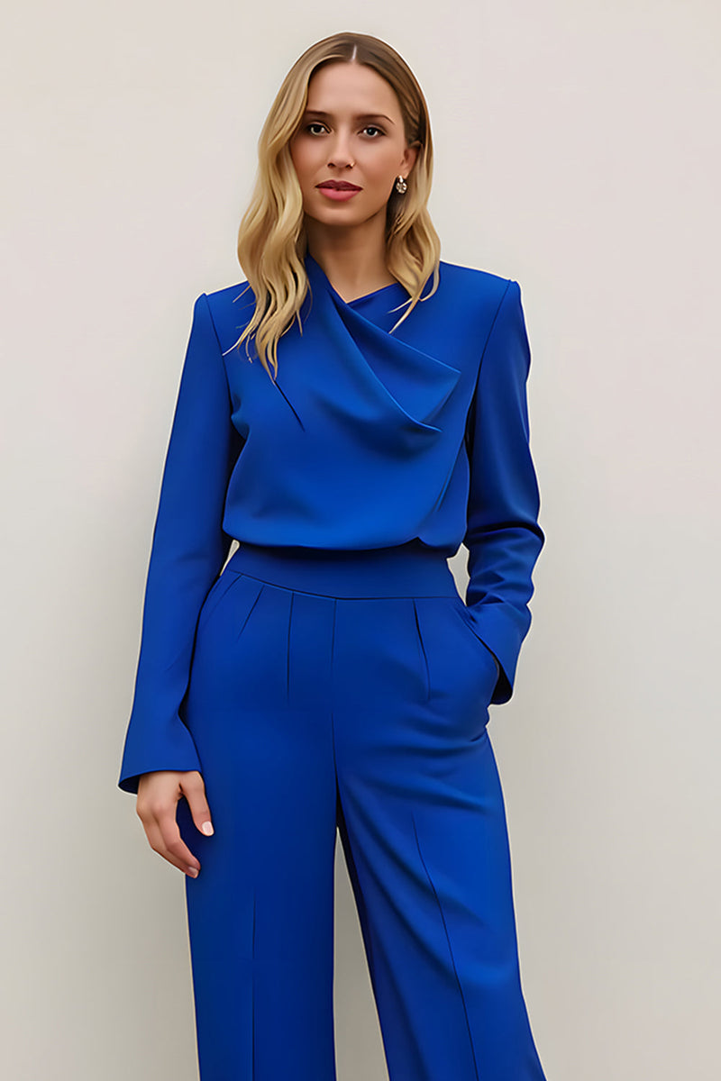 Load image into Gallery viewer, 2 Piece Satin Royal Blue Asymmetrical Neck Business Suits with Pockets