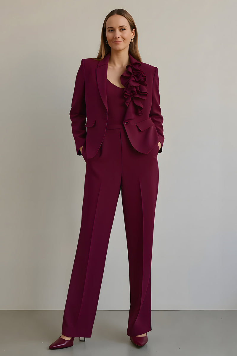 Load image into Gallery viewer, Burgundy 2 Piece Satin Ruffled Women Prom Suits with Pockets