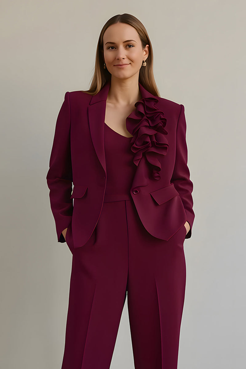 Load image into Gallery viewer, Burgundy 2 Piece Satin Ruffled Women Prom Suits with Pockets