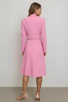 Pink Pencil Satin Notched Lapel Midi Blazer Dress with Belt