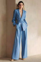 Load image into Gallery viewer, Blue 2 Piece Satin Peak Lapel Women Prom Suits with Sash