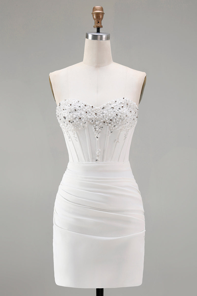 Load image into Gallery viewer, Sparkly White Strapless Tight Short Corset Homecoming Dress with Beading