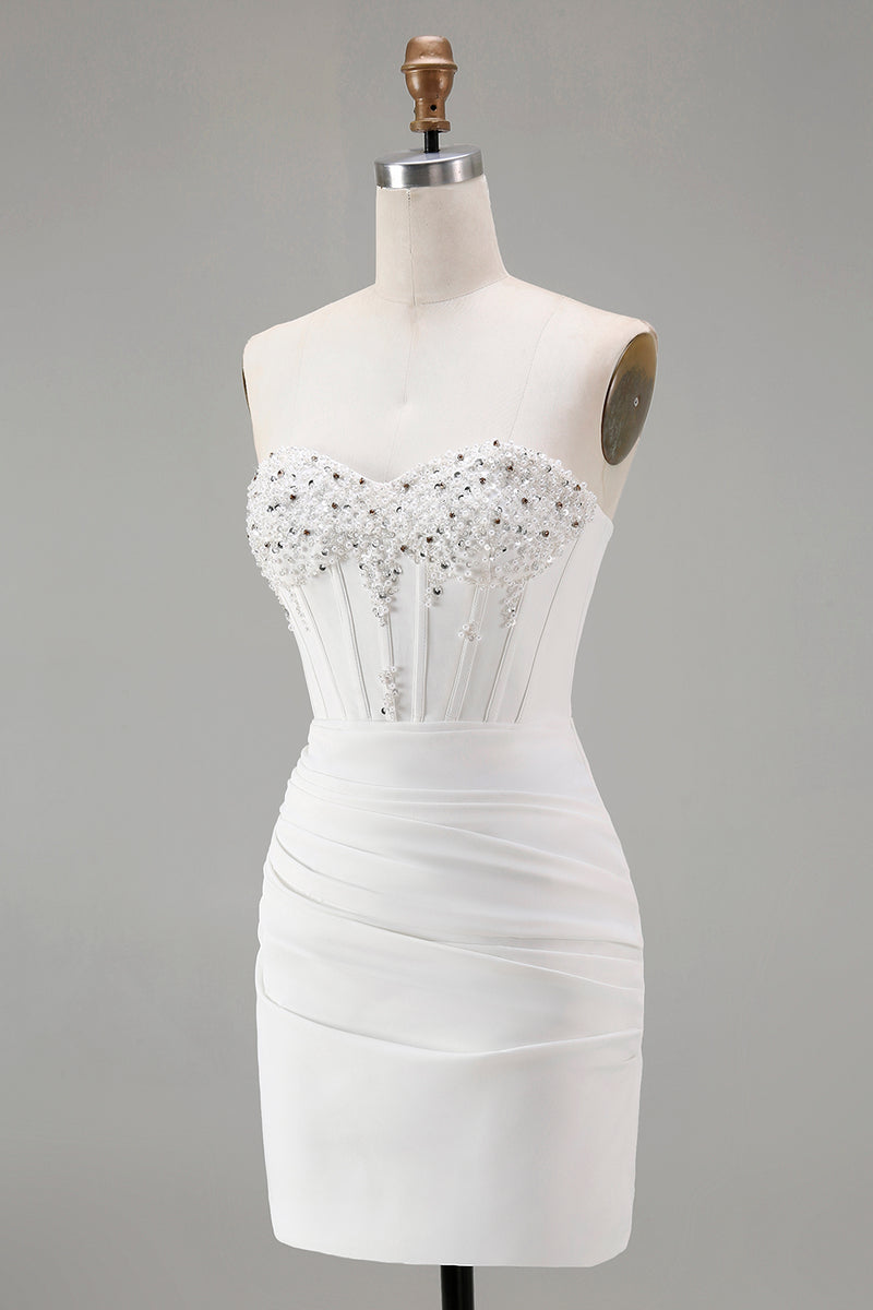 Load image into Gallery viewer, Sparkly White Strapless Tight Short Corset Homecoming Dress with Beading