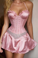 Load image into Gallery viewer, Sparkly Pink Satin Halter Short Corset Homecoming Dress with Beading
